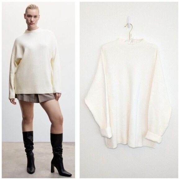 NWT Mango High Collar Ribbed Knit Sweater in Ecru - Picture 1 of 12